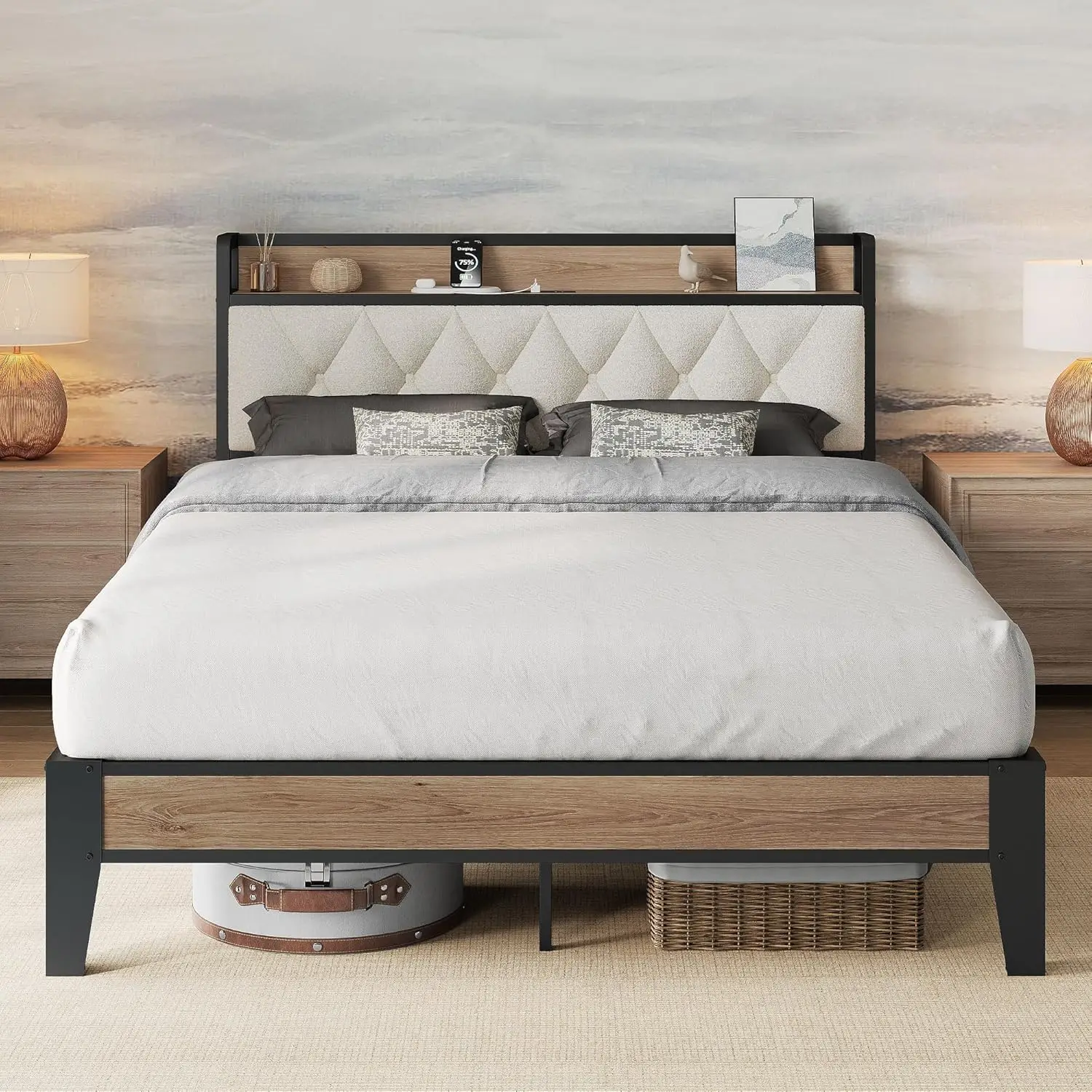 

Full Size Bed Frame, Storage Headboard with Charging Station, Platform Bed Frame with Strong Metal Support, Sturdy, Customized