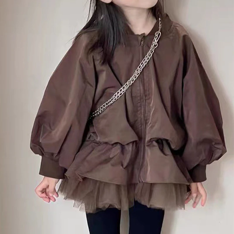 Girls' Coat Korean Version Fake Two-Piece Mesh Children's Coat Top Spring And Autumn New Children's Clothing Baby Kids Jacket