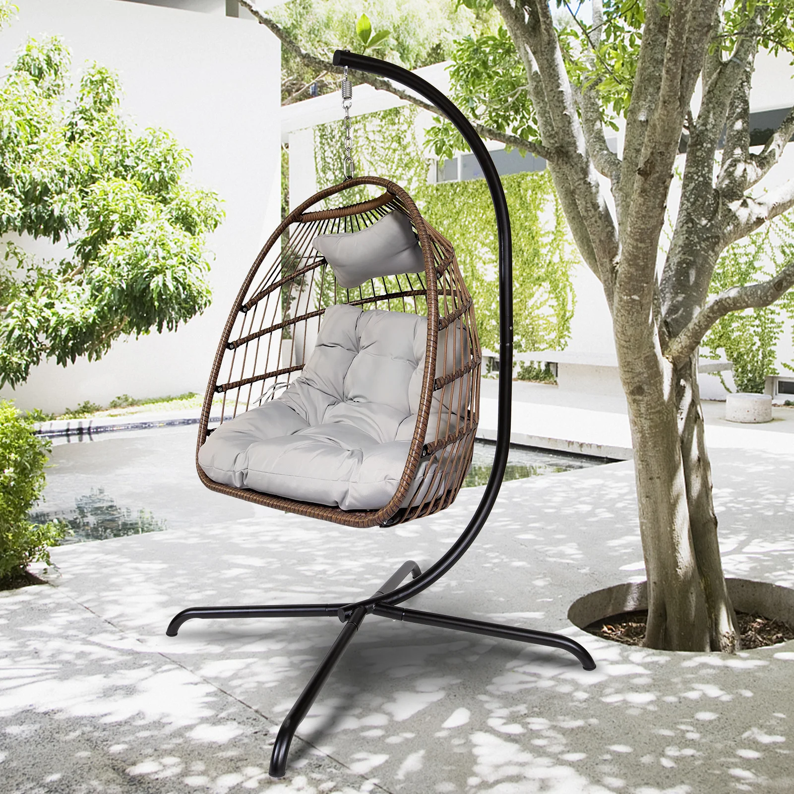 Swing Egg Chair with Stand Indoor Outdoor Wicker Rattan Patio Basket Hanging Chair with C Type bracket