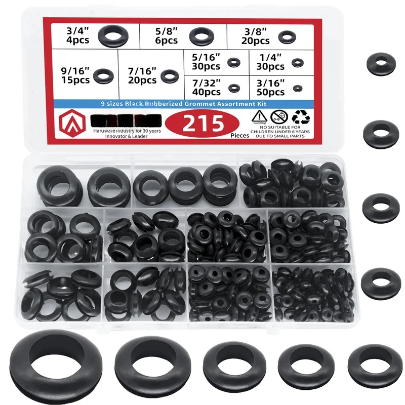 215pcs Rubber Grommet Assortment Kit, 9 Sizes Eyelet Ring Gasket 3/16 