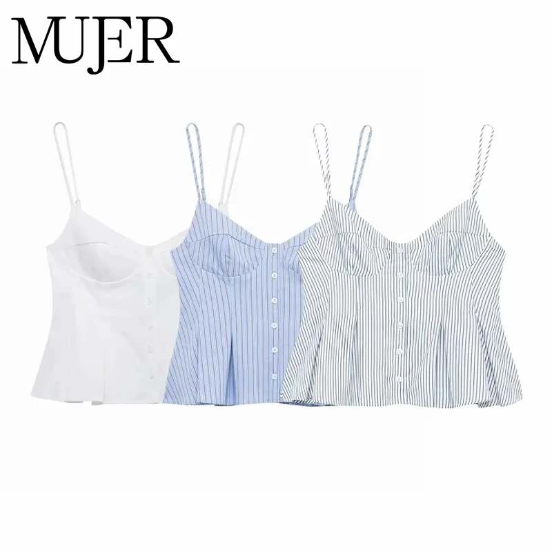 MUJER 2025 Tops plisados a rayas para mujer, Top blanco Sexy con espalda descubierta, camisola con tirantes para mujer, Top de playa, camisetas sin mangas para mujer