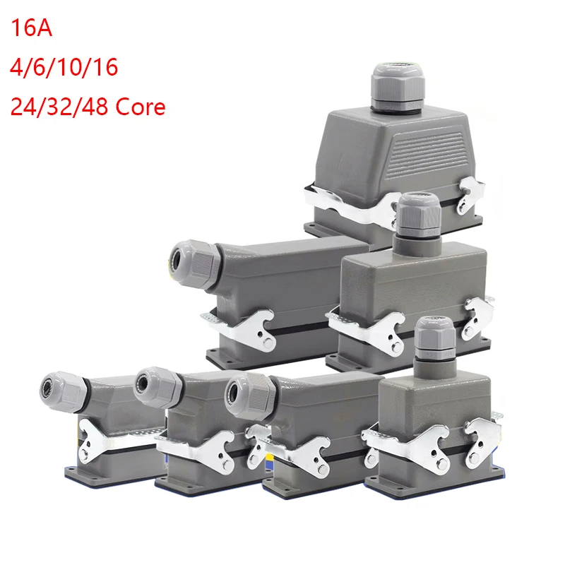 

Industrial Rectangular Heavy Duty Connector HDC-HE-4/6/10/16/20/24/32/48 Core Pin 16A Waterproof Aviation Plug top and side