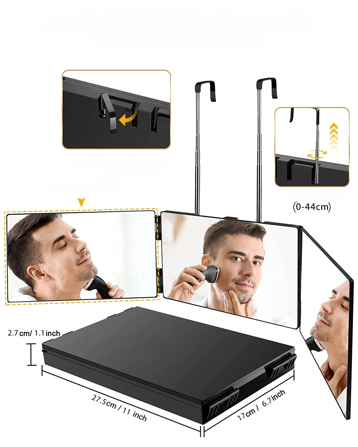 S Espejo de maquillaje de tocador triple portátil de viaje 360 con gancho telescópico de altura ajustable para cabello espejo Fordable de corte automático