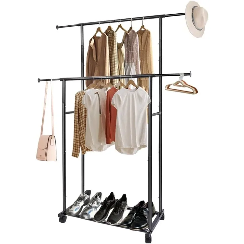 Simple Standard 2 Double Rod Clothing Metal Garment Rack for Hanging Clothes, Rolling Clothes Organizer