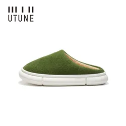 UTUNE Winter Felt  Slippers Women Indoor Men Home Shoes Warm EVA Soft Platform Shoes Furry Slides Pantuflas De Mujer Mules Green