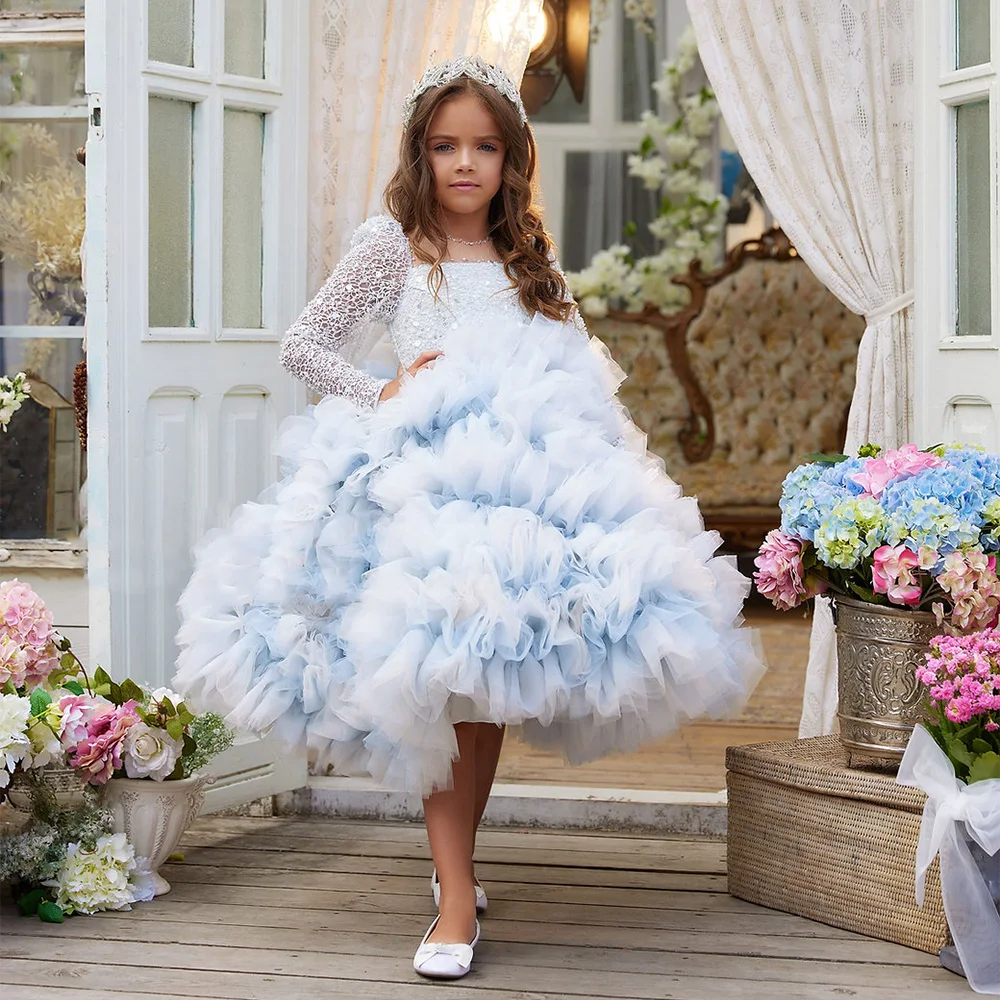 Contrast Color Flower Girl Dress New Arrival Sheer Round Neck Long Sleeves Lace Ruffles Tulel Puff Girls Birthday Party Gown