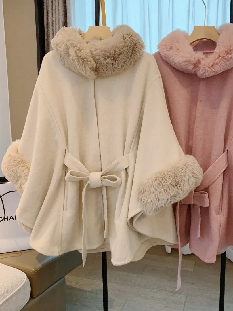 Fabbrica diretta elegante autunno inverno Rex collo di pelliccia di coniglio cintura poncho lavorato a maglia mantello scialle di lana cappotto da donna di grandi dimensioni