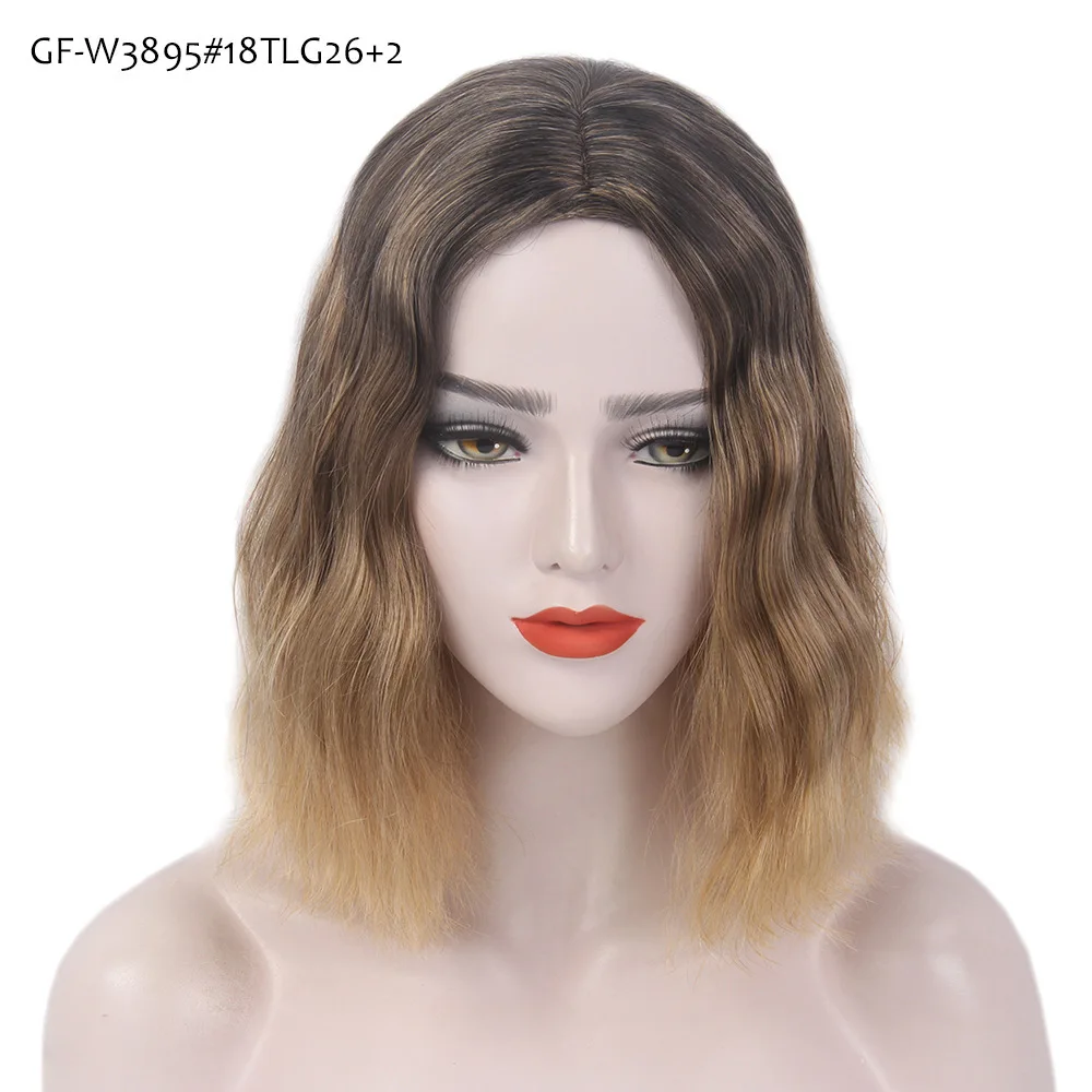 شعر مستعار أوروبي وأمريكي مائل بغطاء رأس كامل، شعر مستعار بطول الكتف باللون البني الذهبي، شعر نسائي مجعد