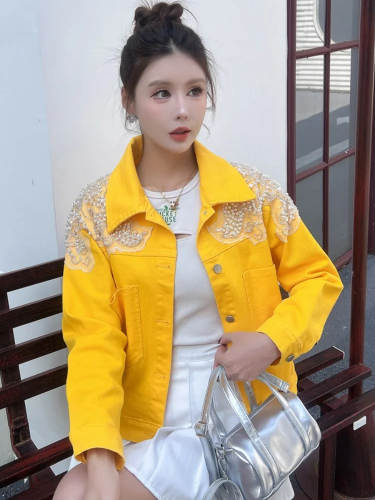  Heavy-Du Denim Jaet Women's Loose Top Me Pearl Embellied Spring Faion Outerwear Straight Cut Long Sve