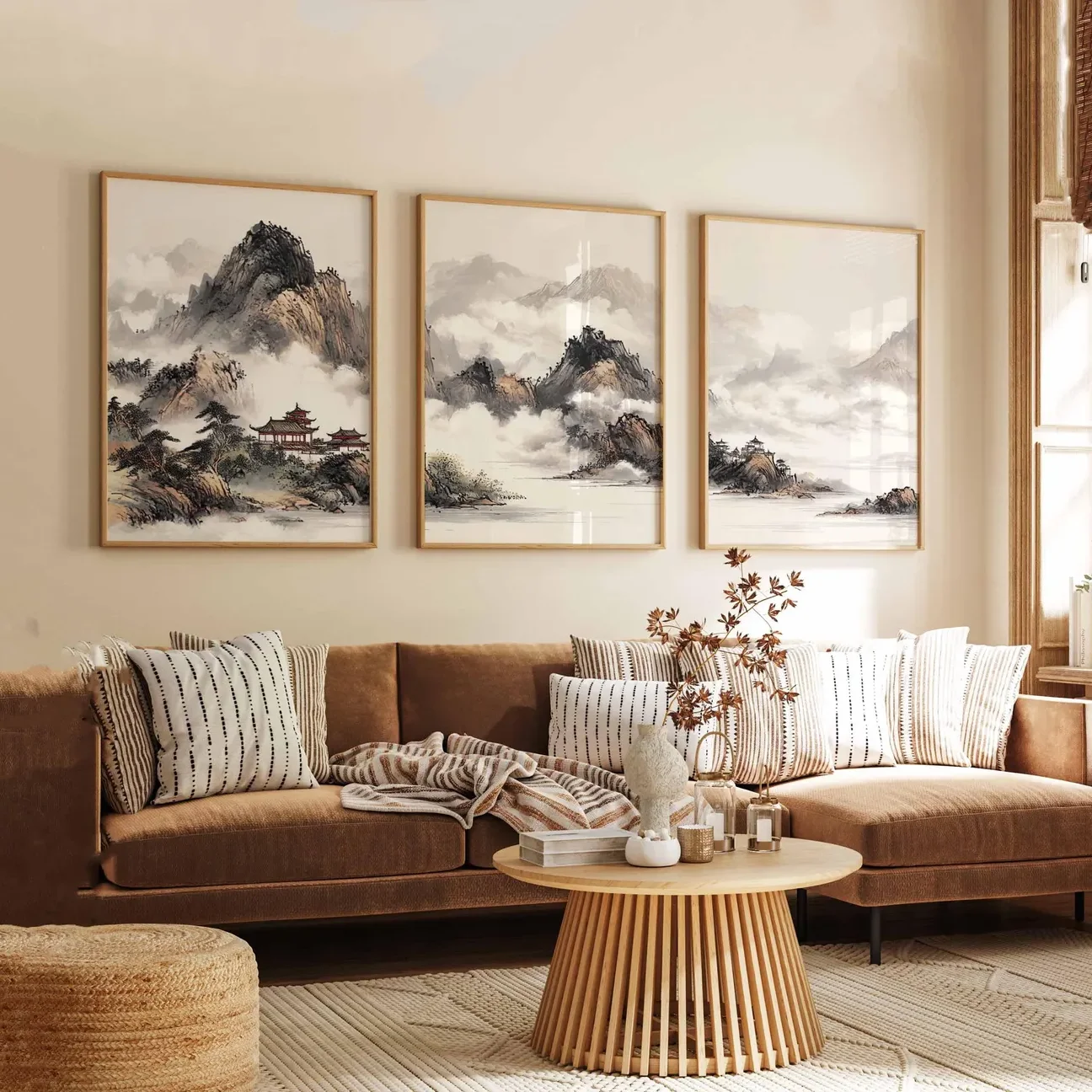 3PCS Chinese Mountain Triptych  Asian Ink Landscape Art Poster  Pagoda Wall Decor  Canvas Painting for Room Decor Home Decor