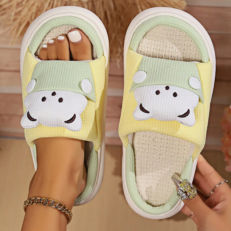 Cute Animal Cartoon Linen Slippers Four Seasons Home Thick-soled Sweat-absorbent Slippers Non-slip Couples\'s Cotton Slides