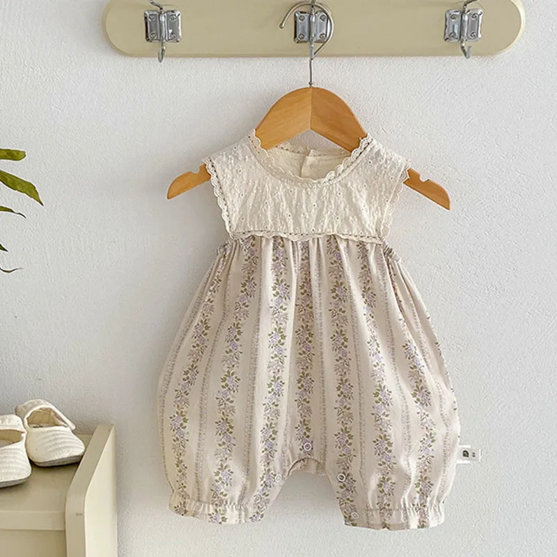 

2025 New Summer 0-24M Children Clothes Korean Style Climbing Suit Sleeveless Cotton Print Splicing Toddler Baby Girls Jumpsuit