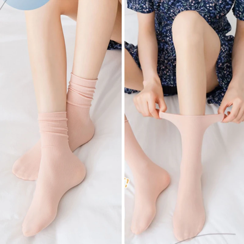 1Pair Spring Summer No Heel Solid Color Socks For Girls Soft Elastic Thin Socks Breathable Pile Up Socks Versatile Hosiery