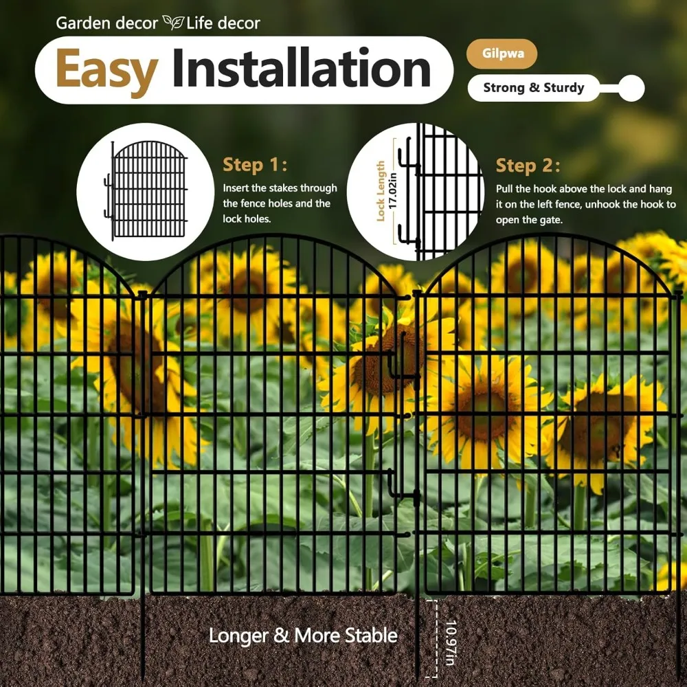 سياج حديقة مزخرف بقفل، 10 ألواح، طول 40 بوصة وطول 22.31 قدم، سياج كلب بدون حبوب للساحات الخارجية، مقاوم للصدأ #4