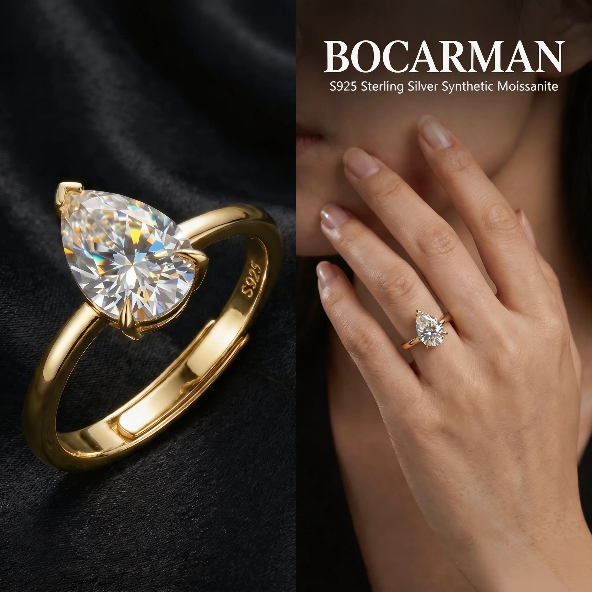 BOCARMAN Pear Cut Moissanite Ring S925 Silver Graceful Teardrop Band Elegant Jewelry for Women