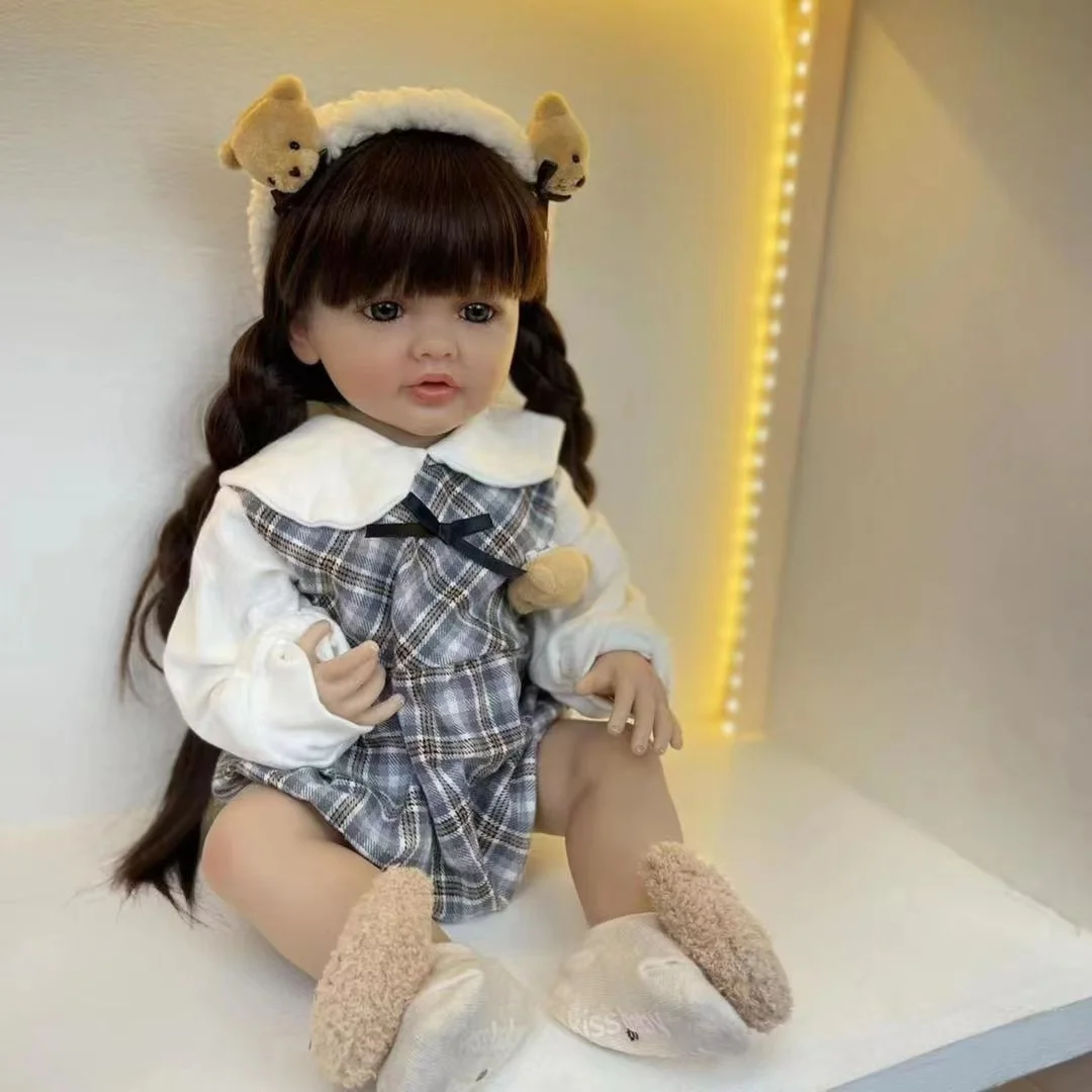 55 CM Soft Silicone Reborn Baby Girl 22 Inch Doll Long Brown Hair Lifelike Realistic Princess Toddler Bebe Birthday Gift