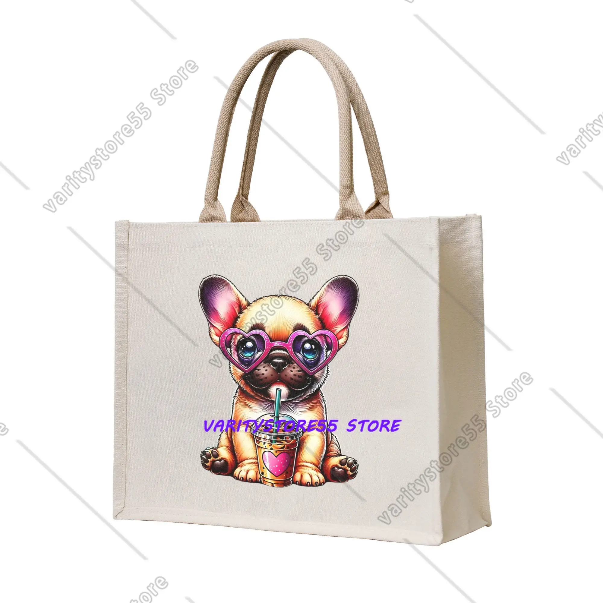 Recycling Cute French Bulldog Coffee Addict  Shopping Bag Women Tote Bag Portable Frenchie Dog Lover Groceries Shopper Bags
