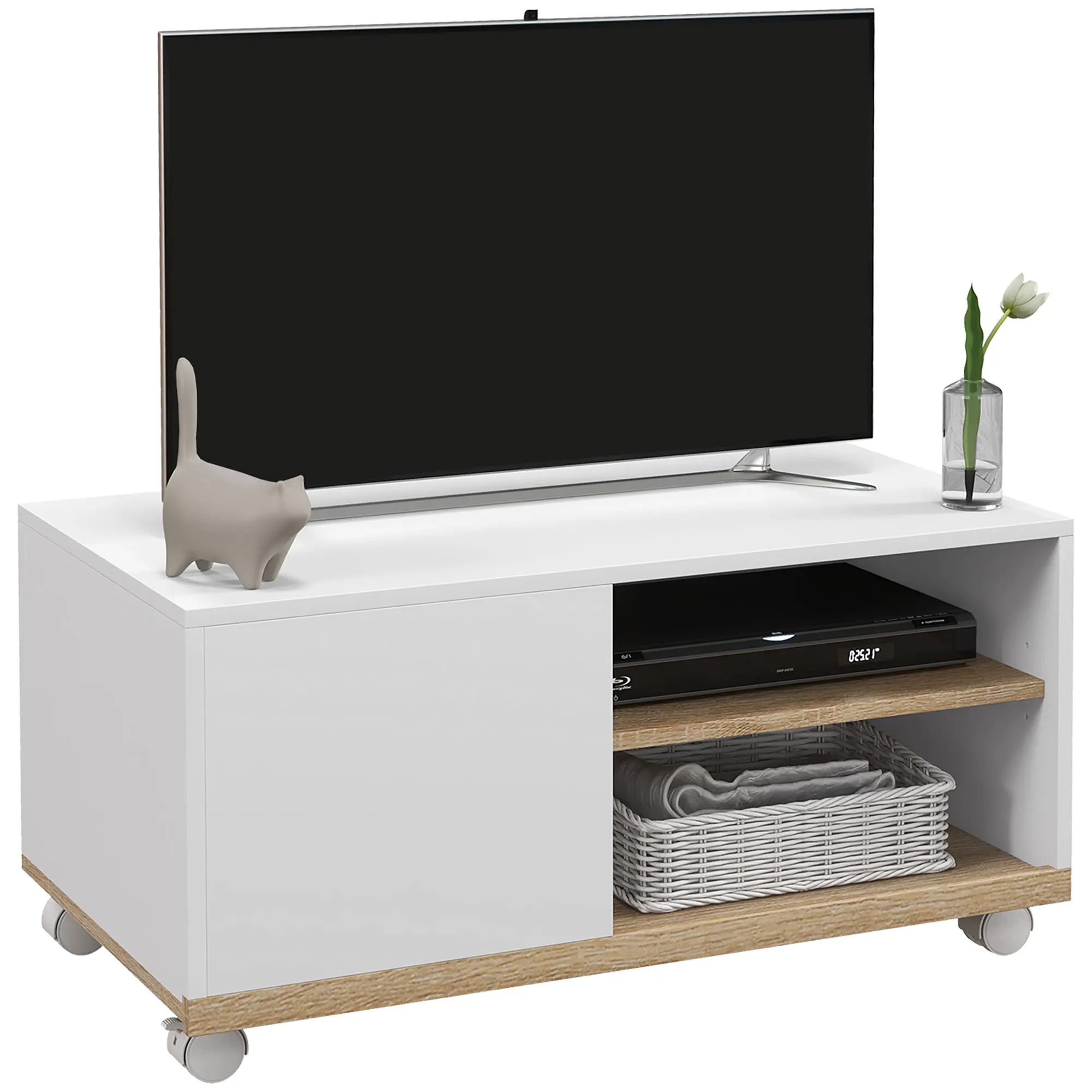 HOMCOM Mueble TV de Salón con Ruedas para Televisores de 32" 80x45x39,5cm Blanco