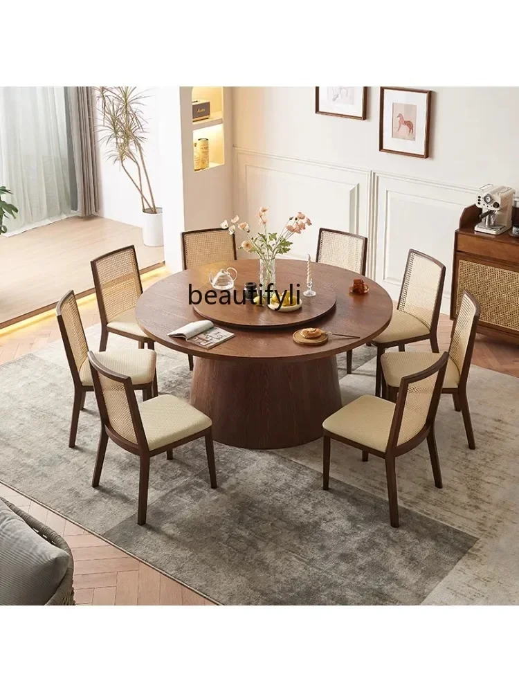 

07Restaurant Hotel Solid Wood Dining Tables and Chairs Set B & B Villa with Turntable round Table Designer Dining Table