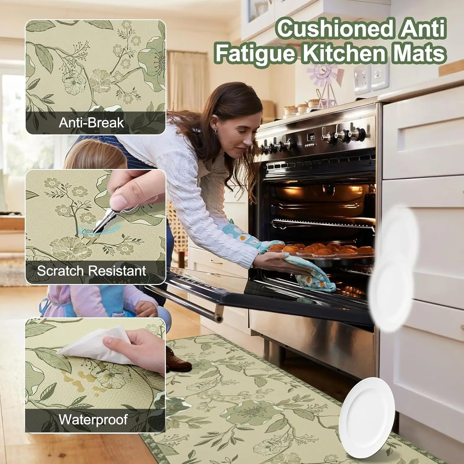 Elegant Green Floral Kitchen Runner Rug, Non-Slip Washable Floor Mat with Botanical Print for Kitchen, Sink, Cooking Area