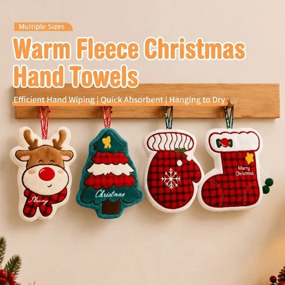 Practical Coral Velvet Coral Fleece Hand Towels Soft Polyester Hanging Bathroom Towel Reindeer Snowman Dish Towel Home