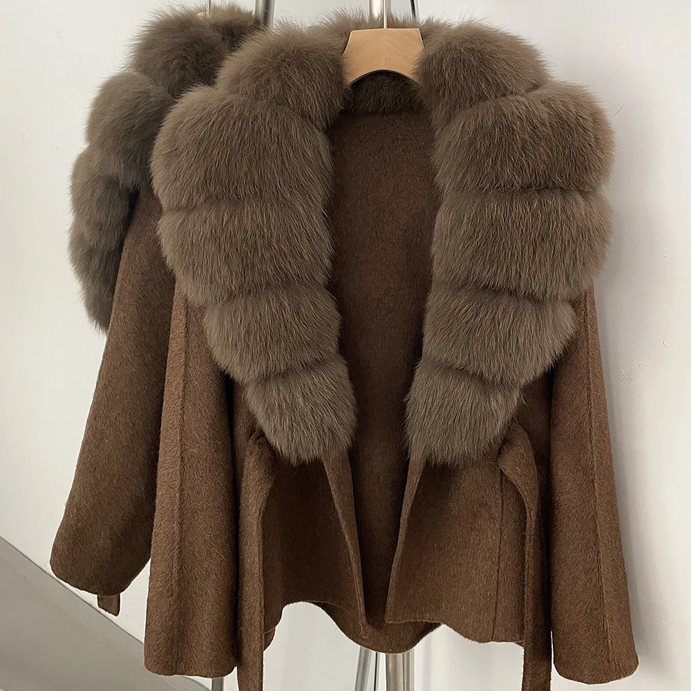 OFTBUY Neue Winterkleidung für Damen, Luxuriöser Kurzer 100% Wollmantel mit Natürlichem Pelzkragen, Warmem Gürtel und Echtem Fuchspelz, Wolljacke für Damen – Detail 9
