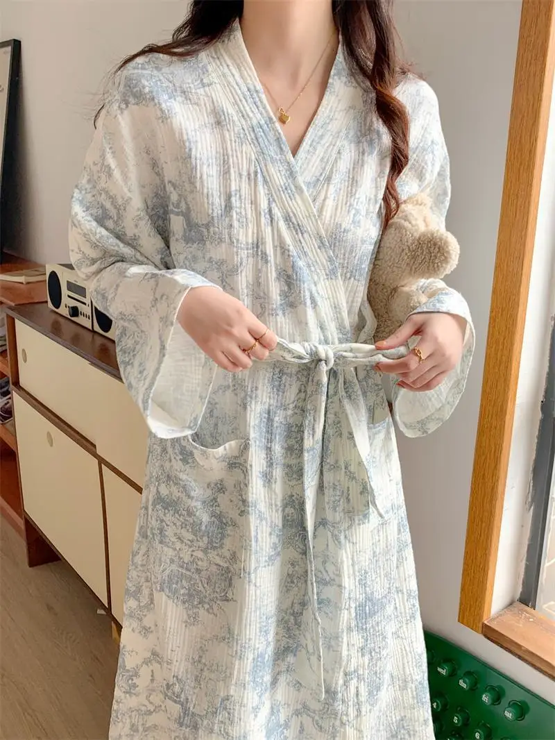 Women's Long Sleeved Home Morning Gown, Blue Floral Loose Waisted Comfortable Robe, V-neck Long Sleeved Home Nightgown image 5