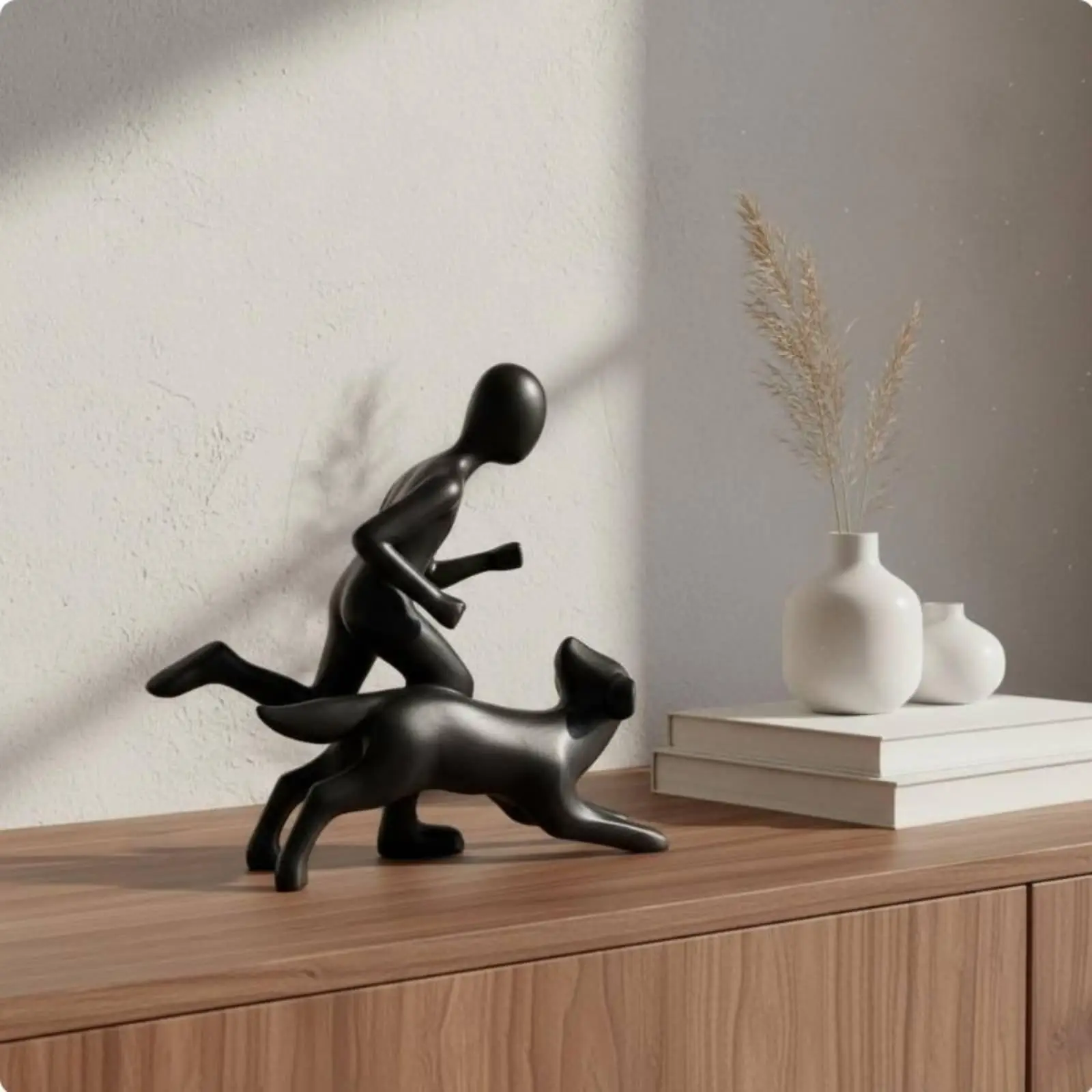 Modern Sculpture Dynamic Running Man and Dog Unique Handmade for Desk