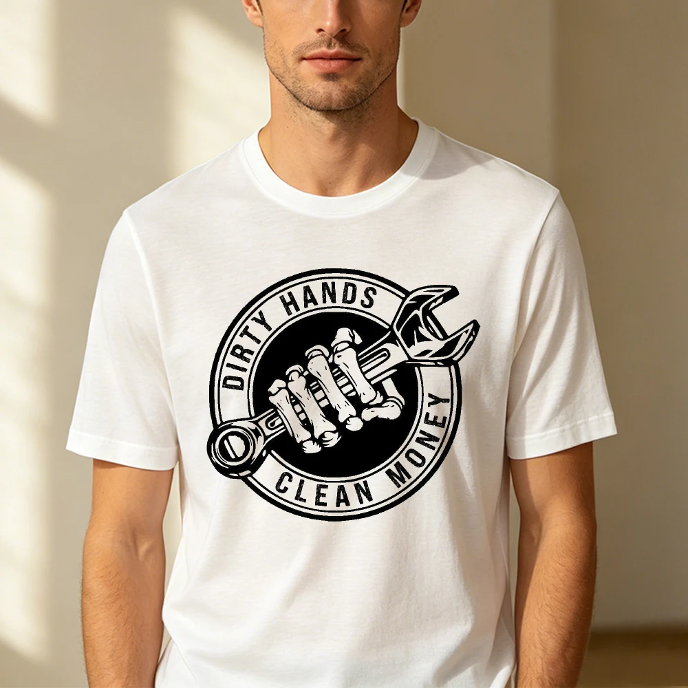 Mechanic Repairman Retro Skeleton Wrench Badge Dirty Hands Clean Money Men Women Lightweight Short Sleeve Workshop Apparel