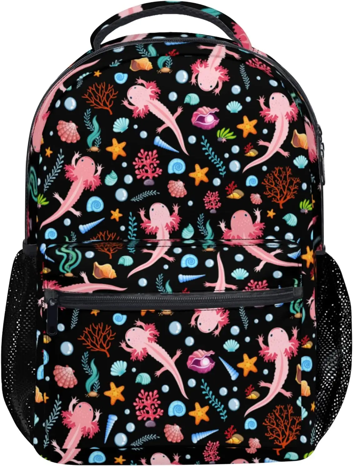 Black Axolotl Print Kids Backpacks for Girls Boys Middle-School Elementary Bookbags 17 Inch Waterproof Lightweight Schoolbag