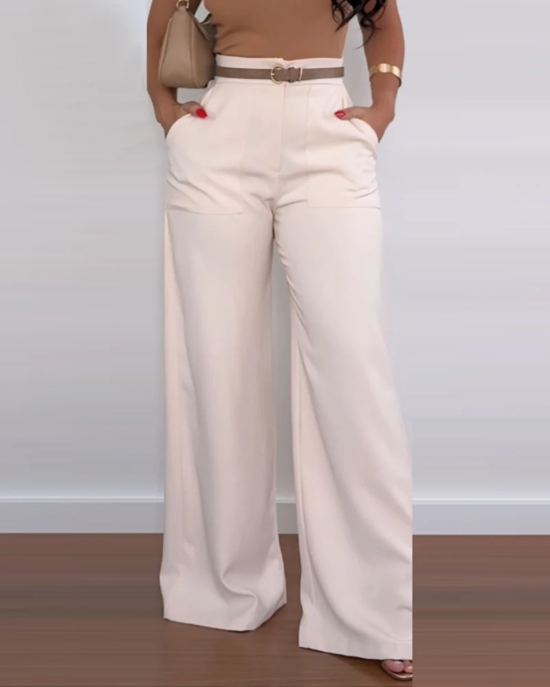 Urban FjOffice-Pantalon Droit à Jambes Larges pour Femme, Vêtement de Couleur Unie, avec Poches, Taille Haute