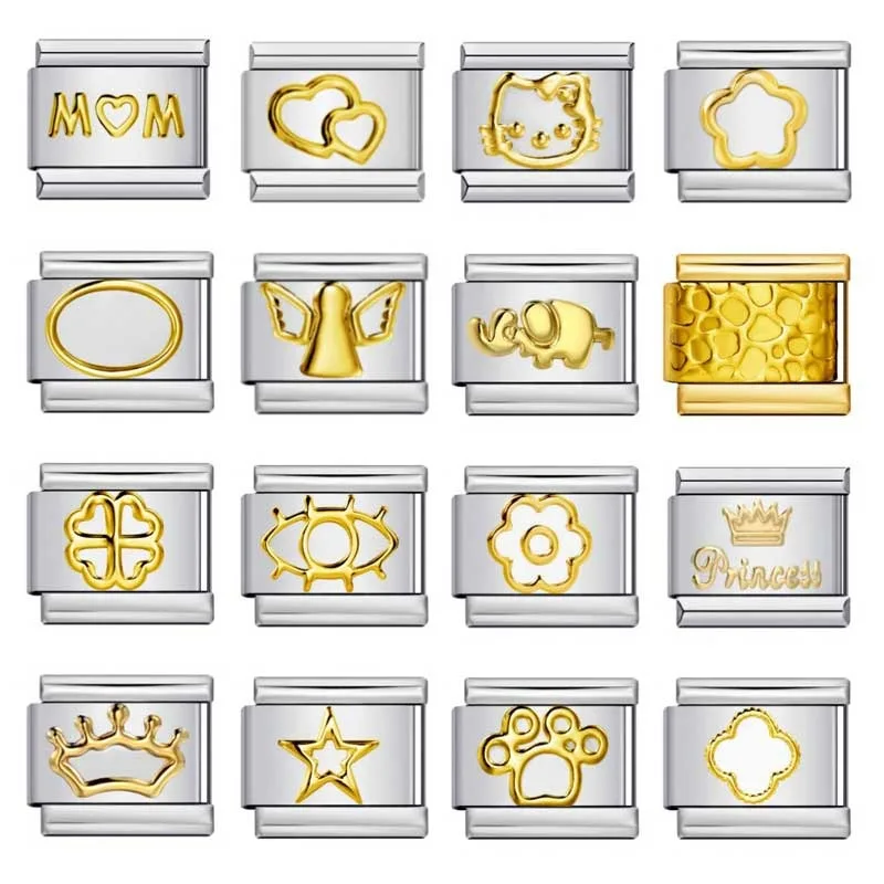 Charm italienisches Edelstahl-Armband, 9 mm, Modul, Spleißen, Stempelmuster, goldene geometrische Einfachheit, Schmuckherstellung, Ketten