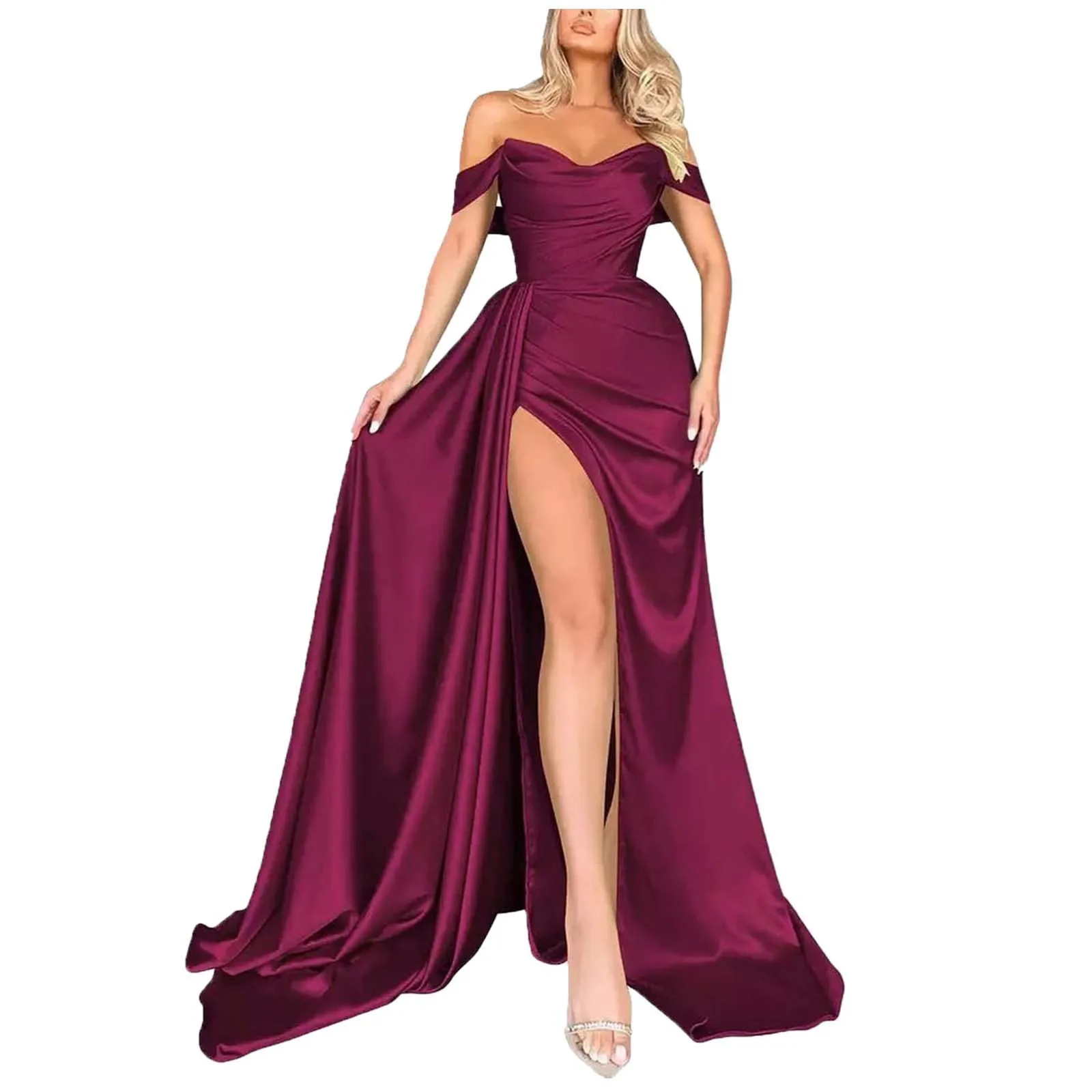 Vestido de noche largo de satén con hombros descubiertos para mujer, vestido plisado de sirena con abertura en la espalda, corsé Sexy para baile de graduación