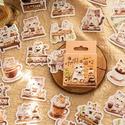 46Pcs Cute Cartoon Coffee Cat Decorative Box Sticker Kawaii Collage Scrapbooking Label Diy Diary Album Journal Planner