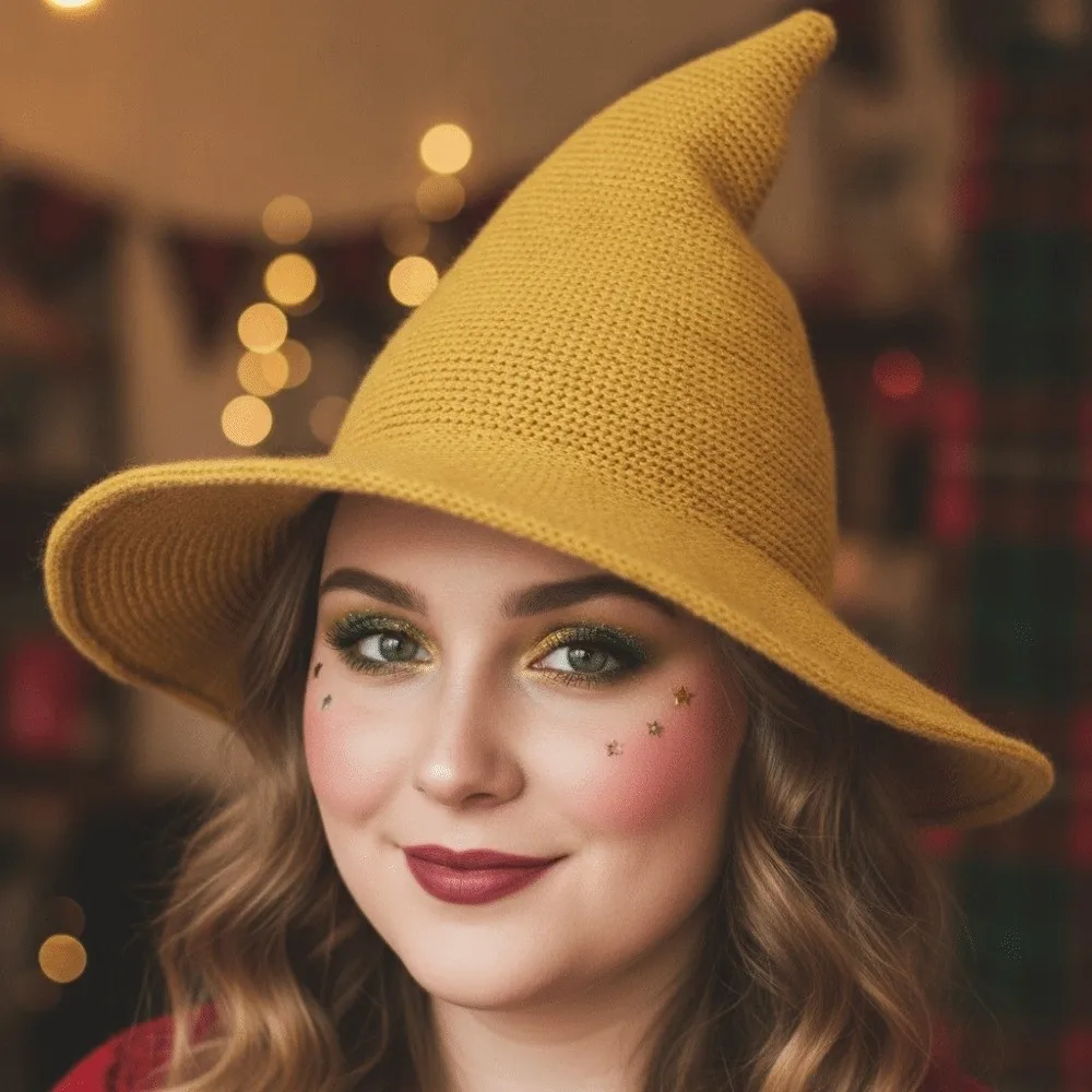 Cosplay Headpiece Knitted Witch Hat Pointed Top Solid Color Wizard Cap Wide Brim Soft Yarn Pointed Bonnet Teens
