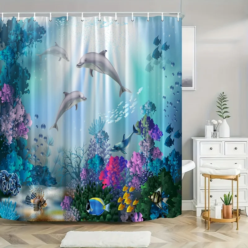 1/4pcs Underwater Dolphin Pattern Shower Curtain Set, Shower Curtain With 12 Hooks, Non-Slip Bath Mat, U-Shaped Toilet Mat, Toil