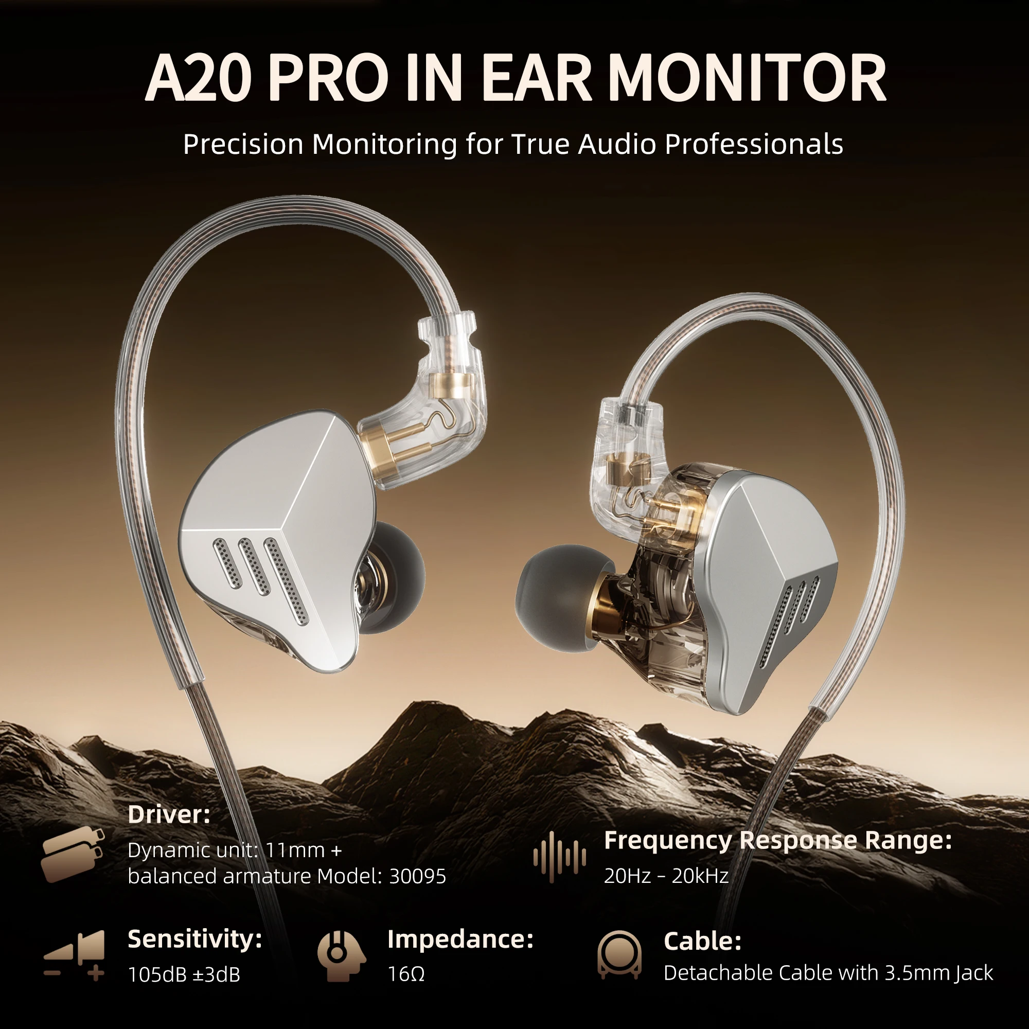 HiFi Walker A20 Pro In Ear Monitor for H2, H20 Pro MP3 1BA+1DD Hybrid Drivers, Detachable Cable, Noise Isolating Clear Vocals