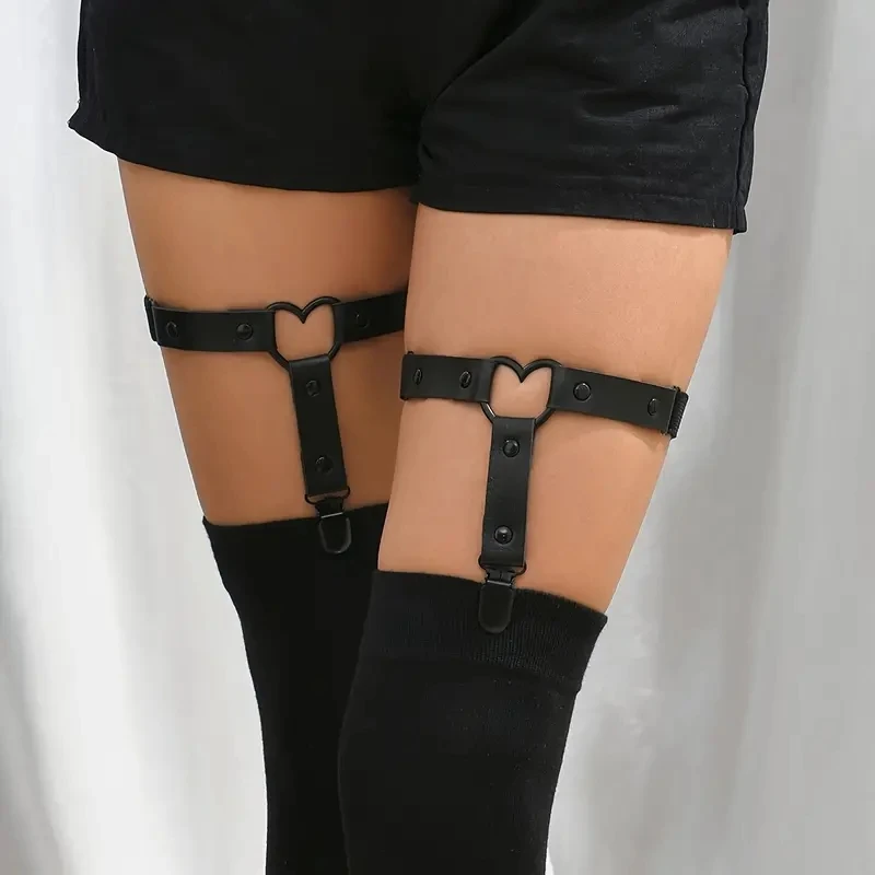 Adjustable Heart Leg Garter With Anti-Slip Clips,Elastic Y2K Gothic Thigh Garter For Ladies Black
