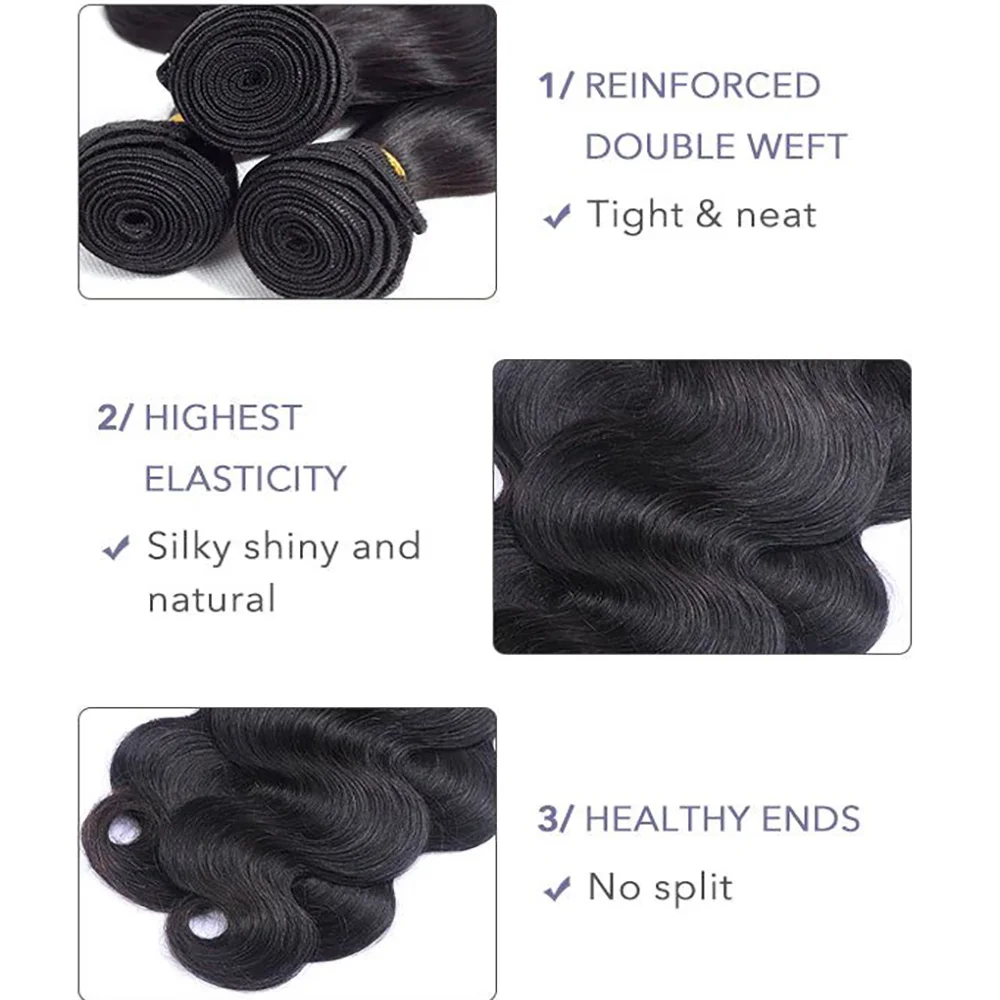 12A Human Hair Bundles Body Wave 100% ที่ยังไม่ได้บราซิล Virgin Hair รวมกลุ่มผมมนุษย์สีดําธรรมชาติ Body Wavy