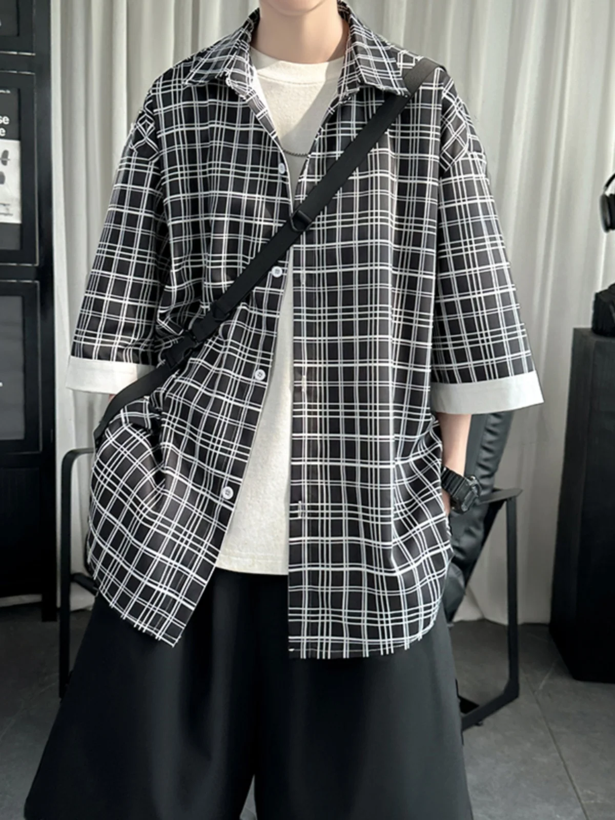 

Black Plaid Short Sleeve Men's Shirt Summer Thin Ice Silk Sleeveless Oversize Sun Protection Casual Fashion Trendy Youth Shirt
