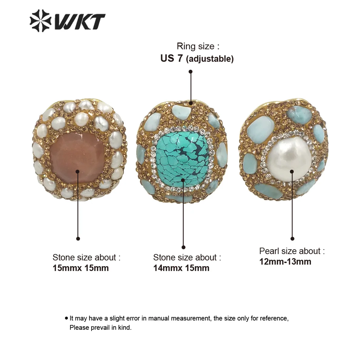 WT-R445 بالجملة موضة 18K مطلية بالذهب رائع حجر الراين ديكور الفيروز اللؤلؤ خاتم الحفلات ارتداء اليومي النساء ACC #6