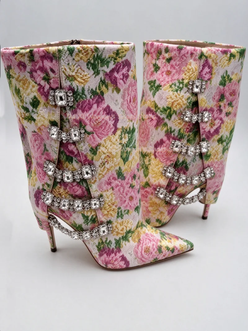 Retro Flowers Jacquard Mid-Calf Boots Pink Floral Pattern Rhinestone Clasp Ornament  Pointed tip Stiletto Heel Evening Boots