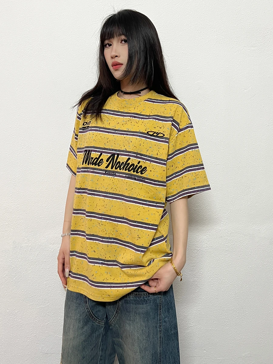 

Футболка в американском ретро-стиле с цветными полосами, летняя, повседневная, свободного кроя, уличная, креативный принт, хлопок