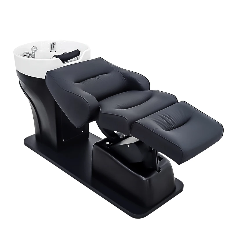 &c Fashion High-End Modern Salon Automatic Lifting Shampoo Bed with Ceramic Basin Leather Semi-Reclining Design for Barbershops