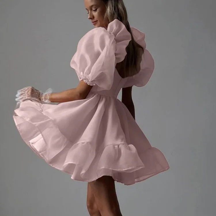 

Fashion Pink Mesh Women's Dress Autumn Puff Sleeve Open Back Zipper Dresses Casual High Waist Zipper Pleated Mini Dresses