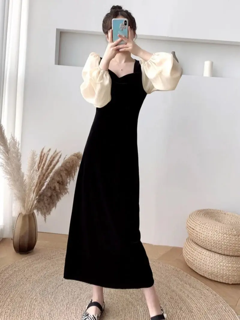 Retro Velvet Dress Autumn Women's Dress Elegant Slimming Black Velvet Long Skirt High Waist A-Line Skirt for Female