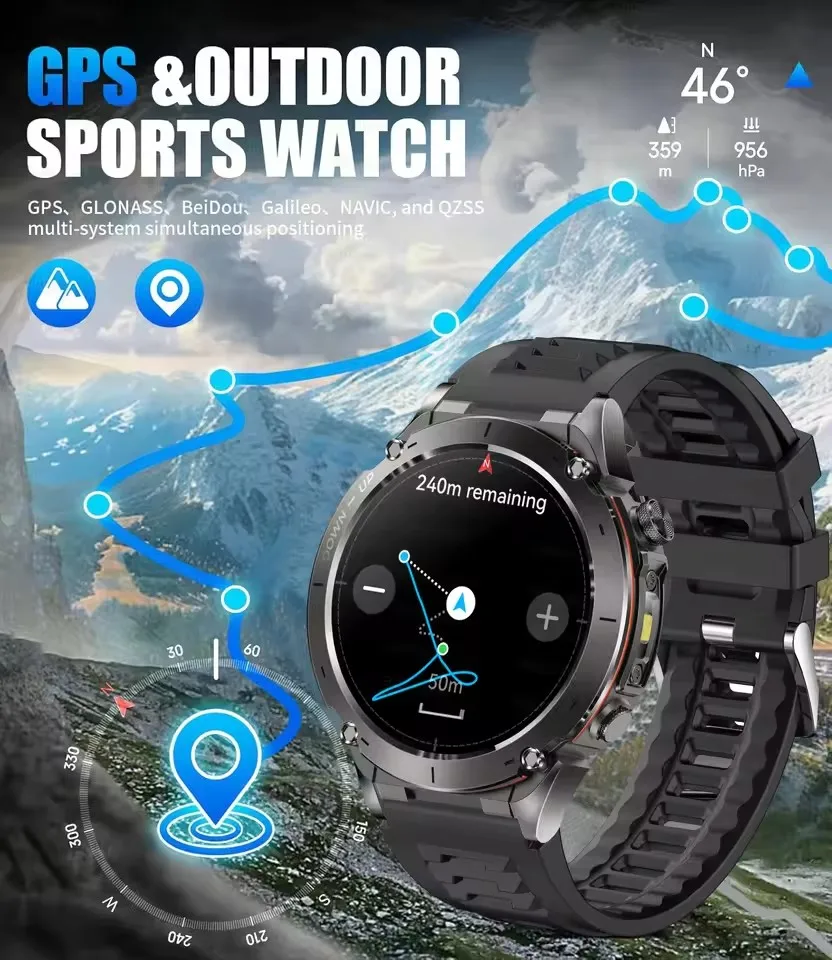2025 New Men GPS Track Smart Watch Flashlight 730mAh Large Battery Bluetooth Call 3ATM Waterproof Military AMOLED HD Smartwatch