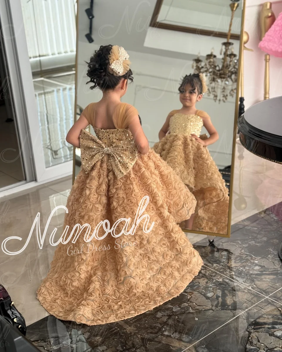 Flower Girl Dress for Wedding Floral Sequins Bow High-Low Length Lovely Birthday Party First Holy Communion Gowns Customized