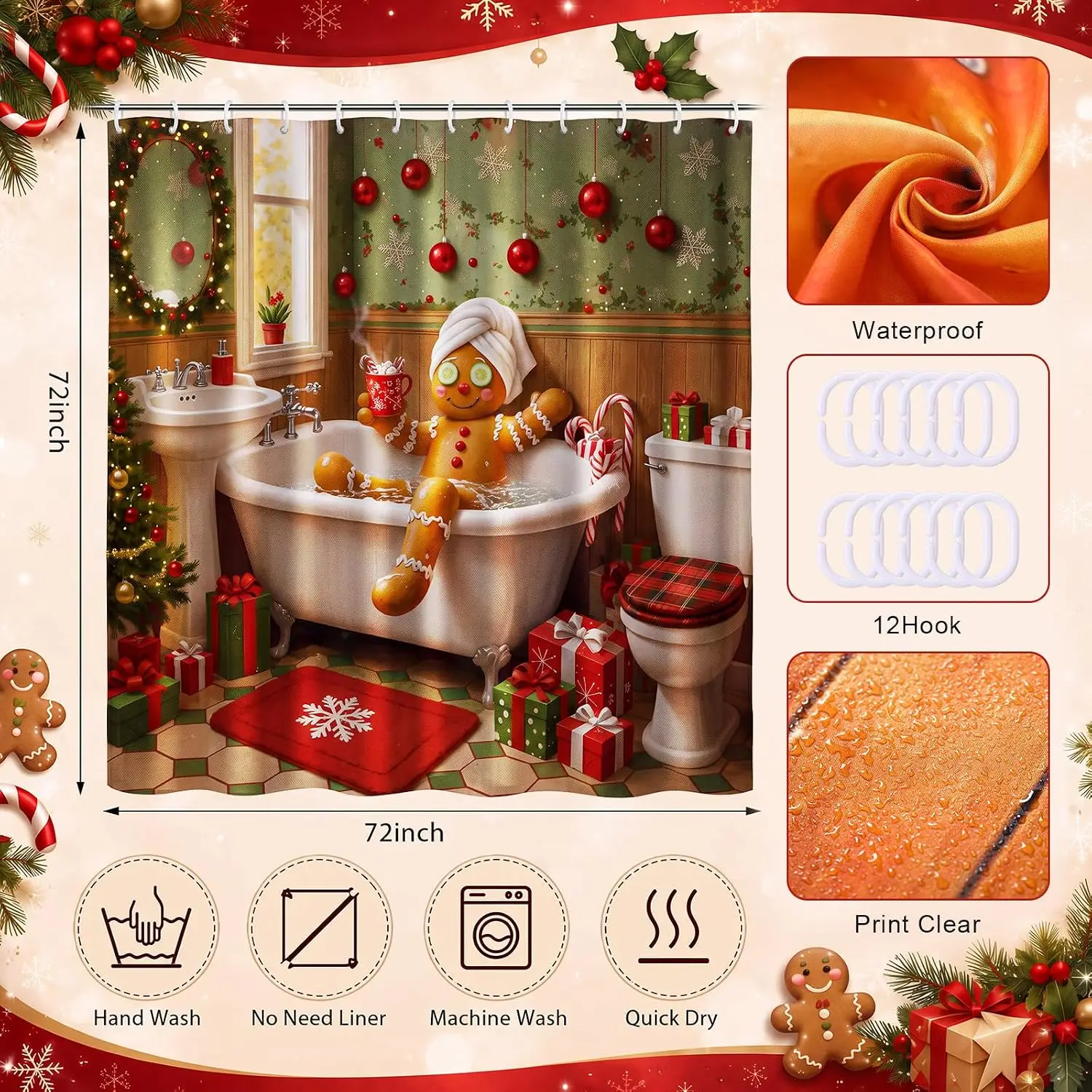 Irenare Funny Christmas Gingerbread Shower Curtain with Hooks, Bath Chill