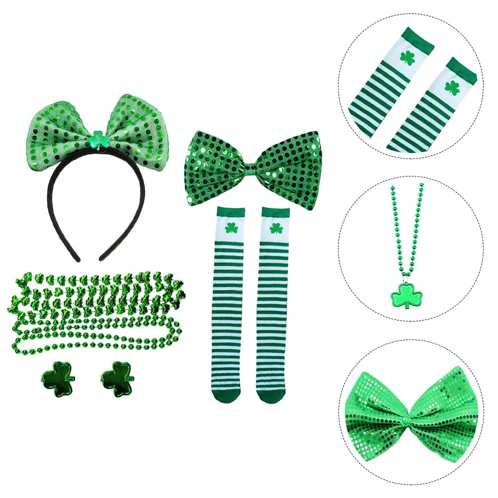 6Pcs St Patrick's Day Party Costume Set Chic Bowknot Headband Socks Necklace Dress Up Accessories St. Patrick's Day Costume
